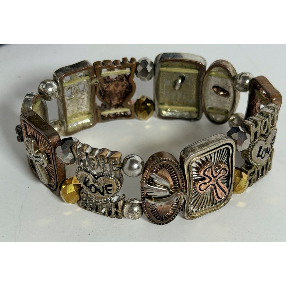 Vintage Gergana's Couture Tri-Tone Faith Hope Love Cross Stretch Bracelet